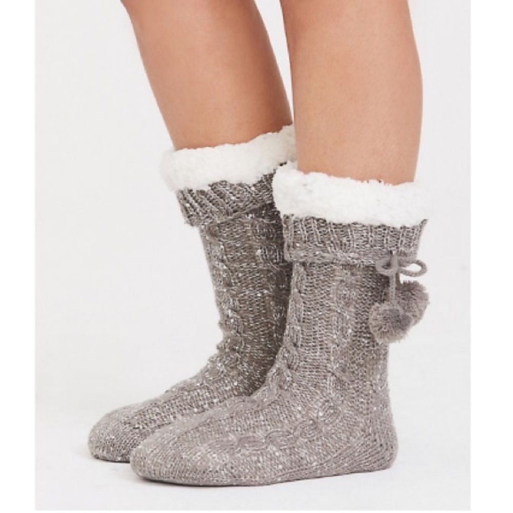 3 for $30- GREY KNIT SEQUIN COZY POM POM SLIPPER SOCKS